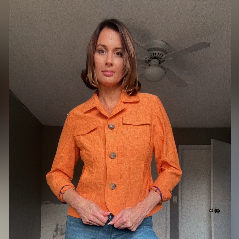 Vintage 90s Womens Y2K Orange Floral Textured Blazer Jacket. Size 6
